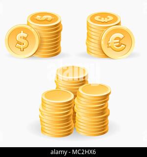 Des tas de pièces. Ensemble de piles de pièces d'or, les dollars d'illustration vectorielle et pièce en métal euro finances isolé sur fond blanc Illustration de Vecteur