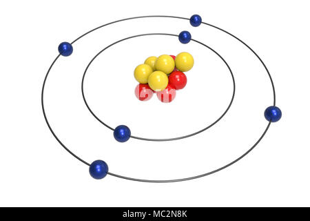 Le modèle de Bohr de l'atome de carbone avec des neutrons, protons et électrons. La science et concept chimique 3d illustration Banque D'Images