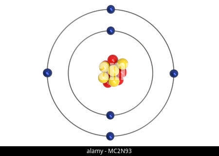Le modèle de Bohr de l'atome de carbone avec des neutrons, protons et électrons. 3d illustration Banque D'Images