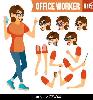 Office Worker Vector.femme. Agent réussie, commis, préposé. Adult Business Woman. Face à des émotions, différents gestes. Création d'animation défini. Télévision Cartoon illustration isolé Illustration de Vecteur