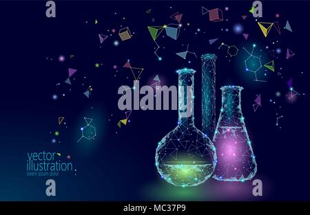 La science poly faible des flacons de verre chimique. L'équipement magique triangle polygonale rougeoyant bleu technologie de l'avenir de la recherche en médecine d'entreprise concept vector Illustration de Vecteur