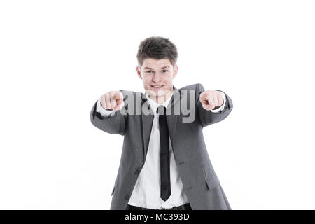 Handsome businessman montrant les mains en avant.isolé sur fond blanc Banque D'Images