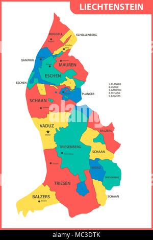 La carte détaillée du Liechtenstein avec les régions ou États et villes, capitales. Division administrative Illustration de Vecteur