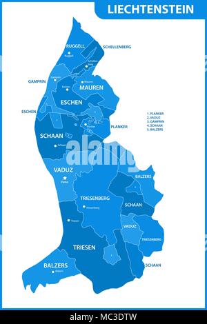 La carte détaillée du Liechtenstein avec les régions ou États et villes, capitales. Division administrative Illustration de Vecteur