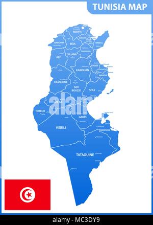 La carte détaillée de la Tunisie avec les régions ou États et villes, capitales. Division administrative Illustration de Vecteur
