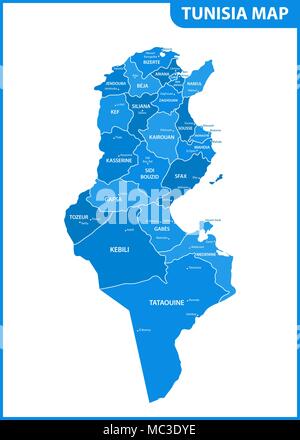 La carte détaillée de la Tunisie avec les régions ou États et villes, capitales. Division administrative Illustration de Vecteur