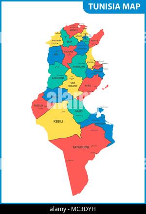 La carte détaillée de la Tunisie avec les régions ou États et villes, capitales. Division administrative Illustration de Vecteur