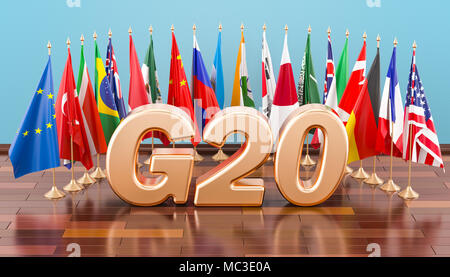 Réunion du G20 concept, drapeaux de tous les membres du G20. Le rendu 3D Banque D'Images