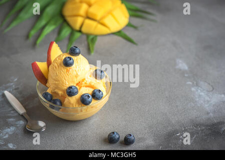 La crème glacée mangue ou d'un sorbet aux bleuets dans un bol. La crème glacée mangue fruits maison sur fond gris, l'espace de copie. Banque D'Images