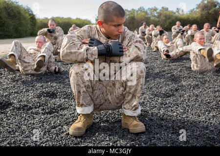 Les recrues de l'entreprise Delta, 1er bataillon de formation des recrues, effectuer une pause en arrière-automne au cours d'un programme d'arts martiaux du Marine Corps à Marine Corps session formation recruter Depot San Diego, le 19 mars. Recrues apprennent les principes fondamentaux de MCMAP et mettra à l'épreuve par leurs ceintures tan plus loin dans la formation. Chaque année, plus de 17 000 hommes recrutés dans la région de recrutement de l'Ouest sont formés à MCRD San Diego. Delta Entreprise est prévue pour juin 1 diplômés. Banque D'Images