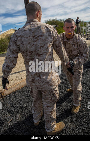 Les recrues de l'entreprise Delta, 1er bataillon de formation des recrues, effectuer des balayages de la jambe lors d'un programme d'arts martiaux du Marine Corps à Marine Corps session formation recruter Depot San Diego, le 19 mars. L'un des buts de MCMAP est d'apprendre aux recrues comment vaincre l'ennemi en utilisant le combat corps à corps. Chaque année, plus de 17 000 hommes recrutés dans la région de recrutement de l'Ouest sont formés à MCRD San Diego. Delta Entreprise est prévue pour juin 1 diplômés. Banque D'Images