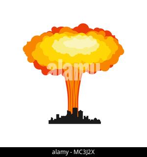 Explosion Nucléaire en ville. Guerre en ville. grand champignon rouge chimique explosif. Illustration de Vecteur