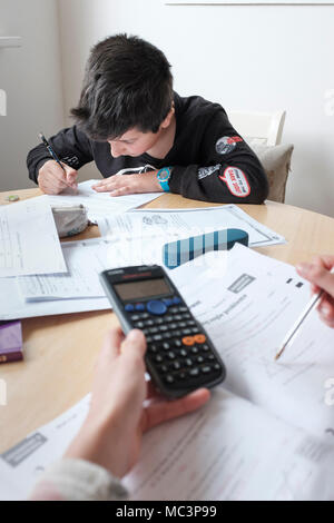 Les enfants étudient ensemble- la révision des documents d'examens à la maison Banque D'Images