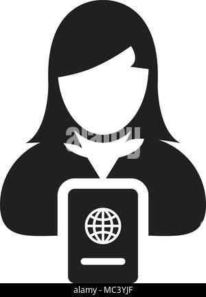 Vecteur Icône passeport avec personne de sexe féminin Avatar Profil Symbole d'identité et de voyage international en illustration pictogramme glyphe Illustration de Vecteur