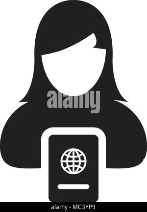Vecteur Icône passeport avec personne de sexe féminin Avatar Profil Symbole d'identité et de voyage international en illustration pictogramme glyphe Illustration de Vecteur