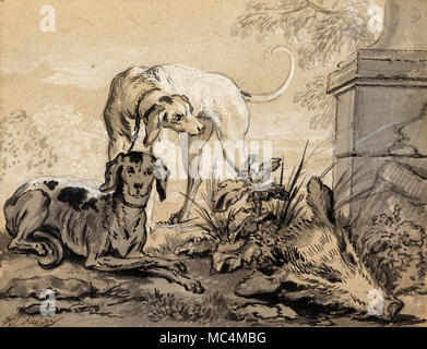 Jean-Baptiste Oudry, après la chasse : deux chiens à côté d'une tête de sanglier, 1725 Plume et encre noire. Cooper Hewitt, Smithsonian Design Museum, New York, Banque D'Images