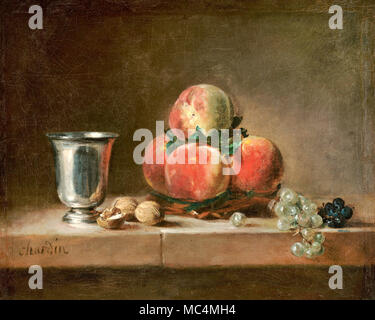 Jean-Baptiste-Siméon Chardin, Nature Morte aux pêches, un gobelet d'argent, les raisins et les noix. Sur circa 1759-1760. Huile sur toile. Getty Center, Los UN Banque D'Images