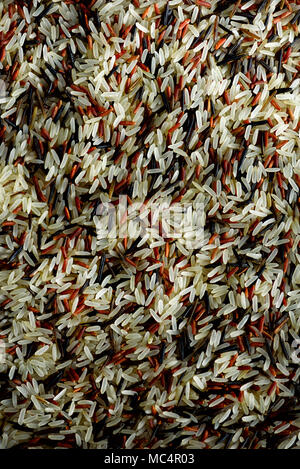 Riz biologique brut Berry et le riz brun texture mixte. Arrière-plan de l'ingrédient alimentaire. Vue de dessus, le mode de vie sain concept. Banque D'Images