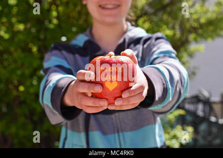 Young woman holding fresh red pomme mûre/ image conceptuelle de suivre un régime et d'alimentation saine Banque D'Images