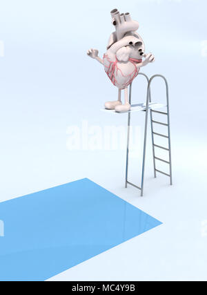 Coeur de l'homme avec les bras et les jambes sur le trampoline dans la piscine, 3d illustration Banque D'Images