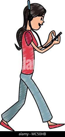 Woman listening music de gribouillis smartphone Illustration de Vecteur