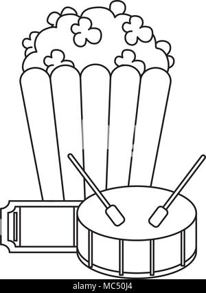 Pop corn avec ticket et le tambour sur fond blanc, vector illustration Illustration de Vecteur