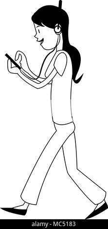 Woman listening music à partir du smartphone sur le noir et blanc Illustration de Vecteur