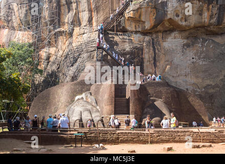 Les touristes dans les escaliers du Lion à la porte de la forteresse du Rocher de Sigiriya, la Province du Centre, au Sri Lanka, en Asie. Banque D'Images