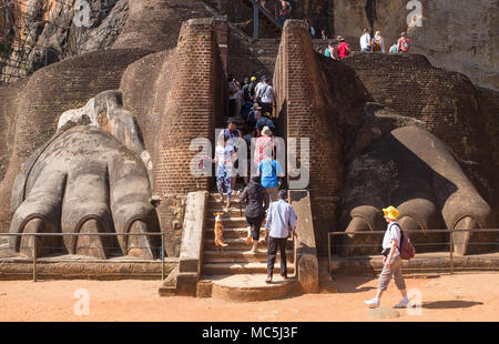 Les touristes dans les escaliers du Lion à la porte de la forteresse du Rocher de Sigiriya, la Province du Centre, au Sri Lanka, en Asie. Banque D'Images