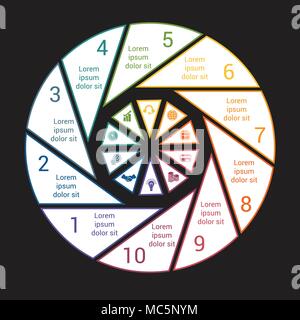 Graphique sur fond noir à partir de lignes de couleur pour 10 options. L'infographie pour les projets d'affaires modèle, workflow, processus de cycle, diagrammes, Illustration de Vecteur