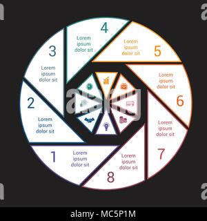 Graphique sur fond noir à partir de lignes de couleur pour les 8 options. L'infographie pour les projets d'affaires modèle, workflow, processus de cycle, de diagrammes, de b Illustration de Vecteur