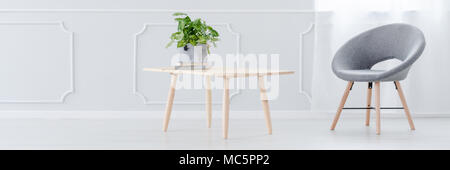 Fauteuil gris moderne l'article par une table en bois avec la plante fraîche en blanc, prix minimal Banque D'Images