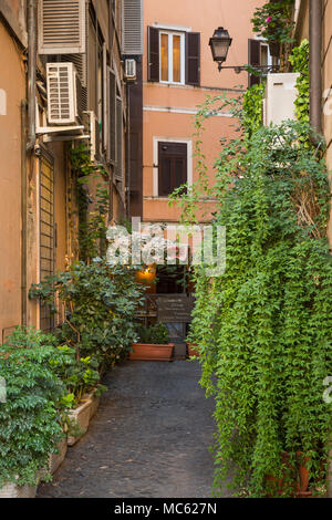 Un petit restaurant pizzeria italienne à Rome, Italie, niché en bas un piéton rue (Via), il vaut toujours à la recherche de lieux comme celui-ci où Banque D'Images