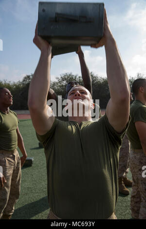 Les recrues de la compagnie Hotel, 2e Bataillon d'instruction des recrues, effectuer des munitions peut mécaniques au cours d'un combat fitness test au Marine Corps Recruter Depot San Diego, 18 janvier. Recrues ont pour soulever le 30 livres peut autant de fois que possible dans un délai de deux minutes. Chaque année, plus de 17 000 hommes recrutés dans la région de recrutement de l'Ouest sont formés à MCRD San Diego. Société de l'hôtel est prévue pour le 9 février d'études supérieures. Banque D'Images