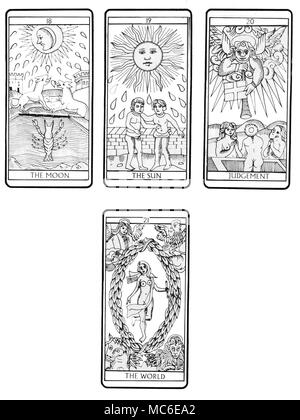 Cartes de TAROT DE MARSEILLE - PLATE-FORME Le quatrième et dernier lot (de quatre) dans l'ordre de 22 cartes de Tarot (en fonction de la conception de Marseille traditionnel), à partir de la dix-huitième carte (la Lune), à travers la carte soleil, le jugement et le monde. Les autres séquences sont disponibles, en lot de 6. Banque D'Images