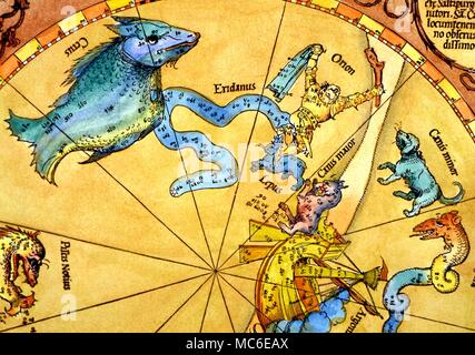 Constellations, les étoiles et des cartes, l'étoile Sirius fixe dans Canis Major. L'étoile, de couleur rouge, est dans la bouche de la Grande Chien, ci-dessous, le lièvre Lepus. Détail de la carte par les constellations du sud et Stabius Heinfogel, coupé par Albrecht durer, 1515 Banque D'Images