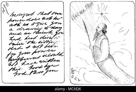 Le spiritisme, séances et de l'esprit écrit - EGLINGTON [gauche] Esprit écrit produit sur carte lors d'une sÃšance est composé par William Eglington pour Mme Burns, l'épouse de l'éditeur du magazine spiritis, moyen. Le message informe le groupe qu'il n'y a pas suffisamment de puissance pour les esprits pour produire un dessin. En conséquence, le 8 décembre 1884, Eglinton organisé pour Mme Burns à assister à une autre séance. À cette occasion, l'esprit ou de spiritueux produits le dessin à côté. Il a expliqué qu'il s'agissait d'un dessin de Mme Burns' guide de l'esprit, Bruce. À partir de John S. Farmer, loin de deux mondes. Banque D'Images