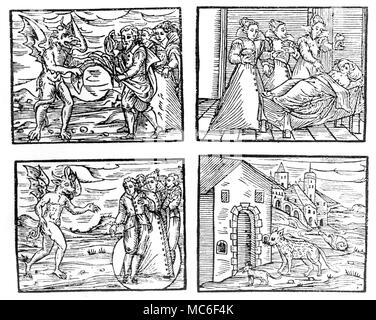 Les activités de sorcellerie, de la 1608 eition de Guazzo's Compendium Maleficarum' - sorcières offrant leurs vêtements à Diable. Empoisonnement sorcières femme endormie. Sorcières de cercle magique. Les sorcières transformées en différents animaux. Banque D'Images