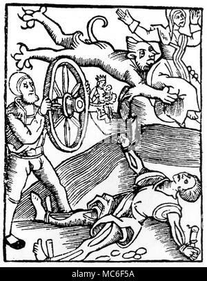 Le diable emporte l'âme d'une sorcière, alors que son complice (un démoniste) est brisée par la roue - la plus terrible de toutes les peines. À partir d'une brochure de 1517 Allemand. Banque D'Images