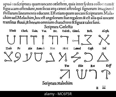 L'alphabet secret qui est dit être les écrits des Anges Célestes - le script. Cependant, il est dérivé de l'hébraïque. De Cornelius Agrippa's De Occulta Philosophia 1634 Banque D'Images