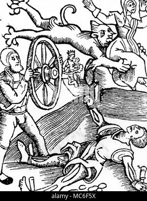 Le diable emporte l'âme d'une sorcière, alors que son complice (un démoniste) est brisée par la roue - la plus terrible de toutes les peines. À partir d'une brochure de 1517 Allemand. Banque D'Images