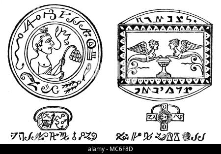 Schémas électriques de l'anneau-gem conçoit du grimoire de la tradition. Ces dessins sont de le manuscrit connu sous le nom de 'Mage des pyramides". Que vers la gauche provoque des tremblements de terre, les étoiles tombent du ciel, des tempêtes et de la destruction générale. Que de la bonne commande genies à tout travail le magicien désire. Banque D'Images