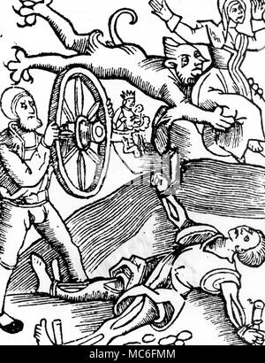 Le diable emporte l'âme d'une sorcière, alors que son complice (un démoniste) est brisée par la roue - la plus terrible de toutes les peines. À partir d'une brochure de 1517 Allemand. Banque D'Images