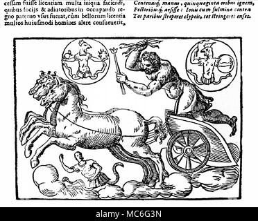 La mythologie grecque, Zeus ZEUS - avec son char tiré par des chevaux, tenant d'une main un sceptre (pour démontrer son rôle de chef des dieux) et de la foudre, qu'il tend à utiliser contre ses ennemis sur la terre. Les deux cocardes montrer son lien avec le dieu Gnostique, Abraxas. Gravure sur bois à partir d'un 16e siècle édition de Natalis Comitis, Mythologiae. Banque D'Images