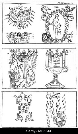 Cartes de tarot - GEBELIN DESIGN - Jugement - [MONDE] en haut à gauche de l'arrêt, carte 20 de l'ensemble représenté par l'anglais Mason, COURT de GEBELIN, en 1773, basé sur la plate-formes de Marseille qu'il avait vu. Gebelin a insisté pour que la carte n'est pas le Jugement dernier, mais la création. Voir COURT de GEBELIN, Le Monde Primitif, vol. III [1773] et VIII [1781]. [Haut] la carte mondiale droit, numéro 21 de la conception Gebelin ; selon Gebelin, cette carte représente le temps. [Centre gauche] Vacances à l'hôpital. [Centre droit] l'As de tasses [En bas à gauche] l'As de nouveau, ou des Cœurs [Bas righ Banque D'Images