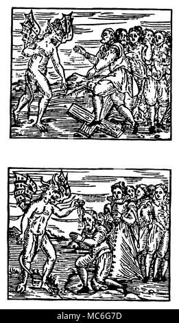 La sorcellerie - diable et sorcières [haut] les sorcières sont tenus par le Diable à renoncer et à renier leur baptême. Ce qu'ils font par le piétinement sur la Sainte Croix. La première exigence du pacte entre les sorcières et leur maître, le Diable. [Bas] après les sorcières ont renoncé à le Christ, la Vierge Marie, et abjured leur baptême, le Diable baptise une deuxième fois, en son nom propre. Ici le sorcier s'agenouille dans l'obéissance au diable, lui qui baptise dans les eaux d'un ruisseau. La deuxième exigence du pacte entre les sorcières et leur maître, le Diable. Illustrations de Banque D'Images