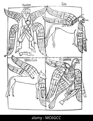 - Symboles des évangélistes chrétiens - Les premiers symboles chrétiens des quatre évangélistes (images de qui sont établies à partir de signes fixes du Zodiaque, comme suit). [Haut] Homo est l'homme ailé de saint Matthieu, dérivé de l'eau à ailes-cocktail de signe du zodiaque Verseau. Haut de page [Leo] est le lion ailé de Saint Marc, dérivés de la lion de signe du zodiaque Lion. Bas [Viculus] est le taureau ailé de saint Luc, issu de la bulle du signe du zodiaque taureau. [Bas] Aquila est l'aigle de saint Jean, provenant de l'rachetés de scorpion Scorpion du zodiaque. Vraisemblablement, l'Aigle de Jean porte un poisson à cause de Banque D'Images