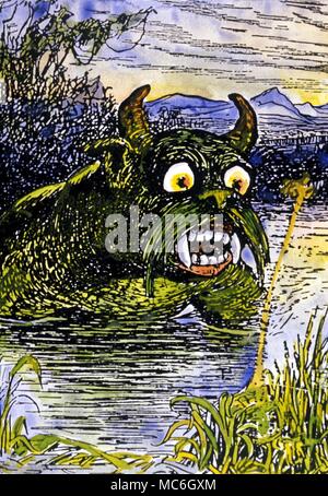 Monstres - Bunyip BUNYIP (Australian lake monster) regarder son bébé soit enlevé par des aborigènes, qui elle rend plus tard souffrent de la criminalité. Illustration par H J Ford à Andrew Lang's 'le livre de fée brune', 1932 Banque D'Images