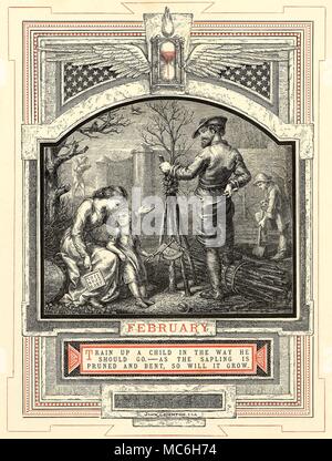 Astrologie - MOIS DE L'ANNÉE - Février le mois de février, à partir de la série de John Leighton, La Vie de l'Homme, 1866. Les douze signes (dans ce cas, Verseau) sont associés à chacun des mois au cours de laquelle le Soleil est dans ce signe du zodiaque. Une étape distincte dans les douze étapes de la vie de l'homme est également liée à l'image - dans ce cas, le mois de février est lié à l'enfant et d'écolier. Au début de l'année, le sablier ailé est déjà en cours d'exécution. Banque D'Images