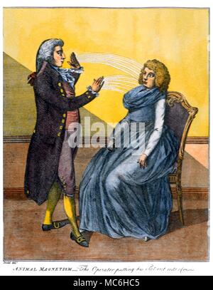 18ème siècle un hypnotiseur (ou 'Animal' Magnetist) mettre une dame en transe. Gravure couleur bof Ebenezer éventuellement d'une illustration complète de l'édition 1790 des arts occultes, Banque D'Images